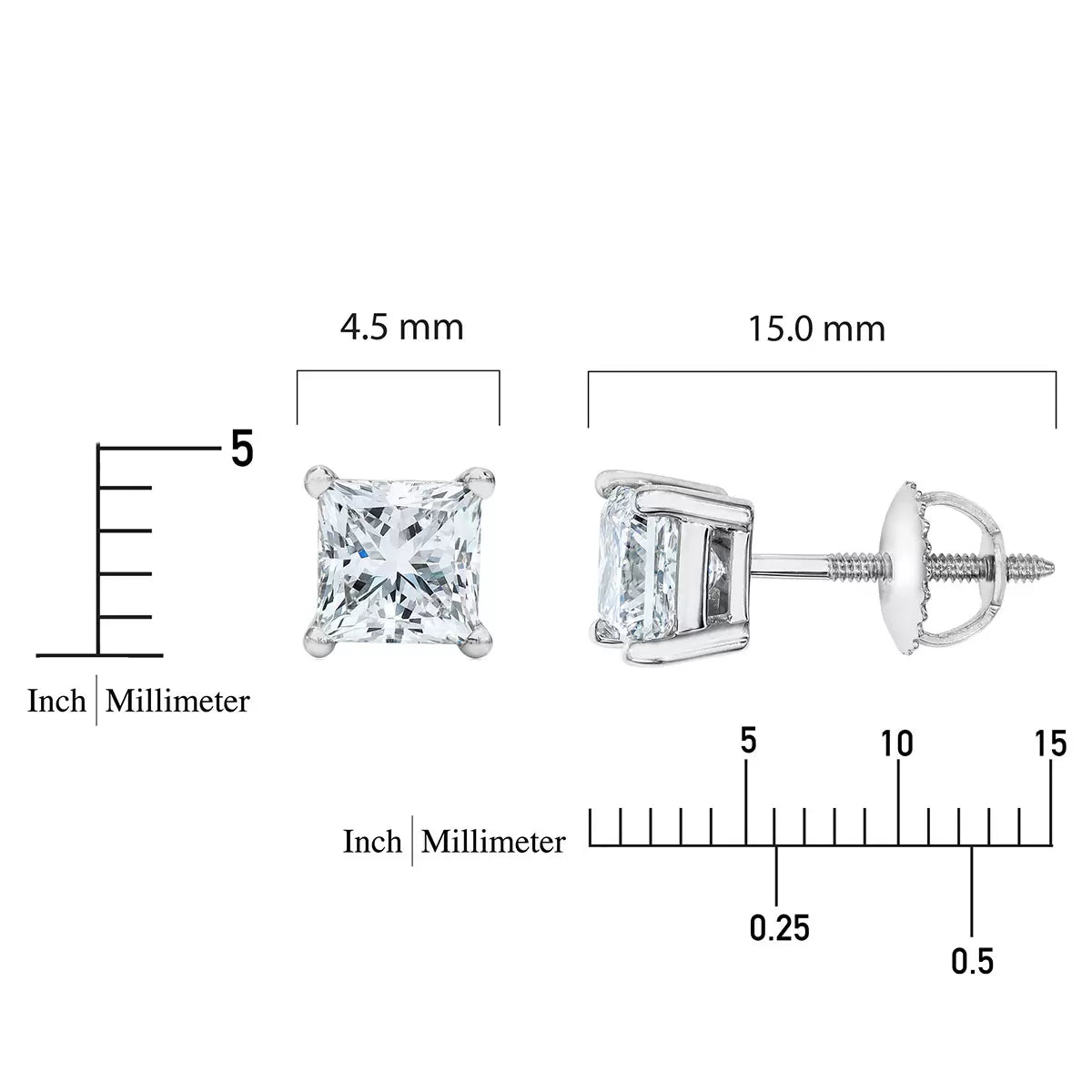 1.00ctw Princess Cut Diamond Stud Earrings, Platinum