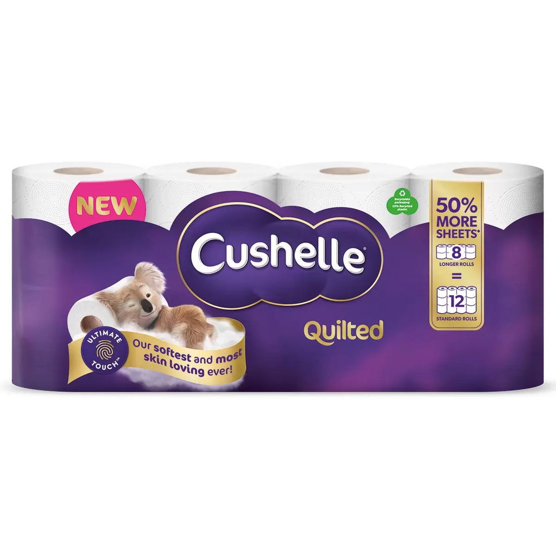 2 x Cushelle Quilted 3-Ply Longer Rolls Toilet Tissue, 8 x 8 Pack (472 Sheets)