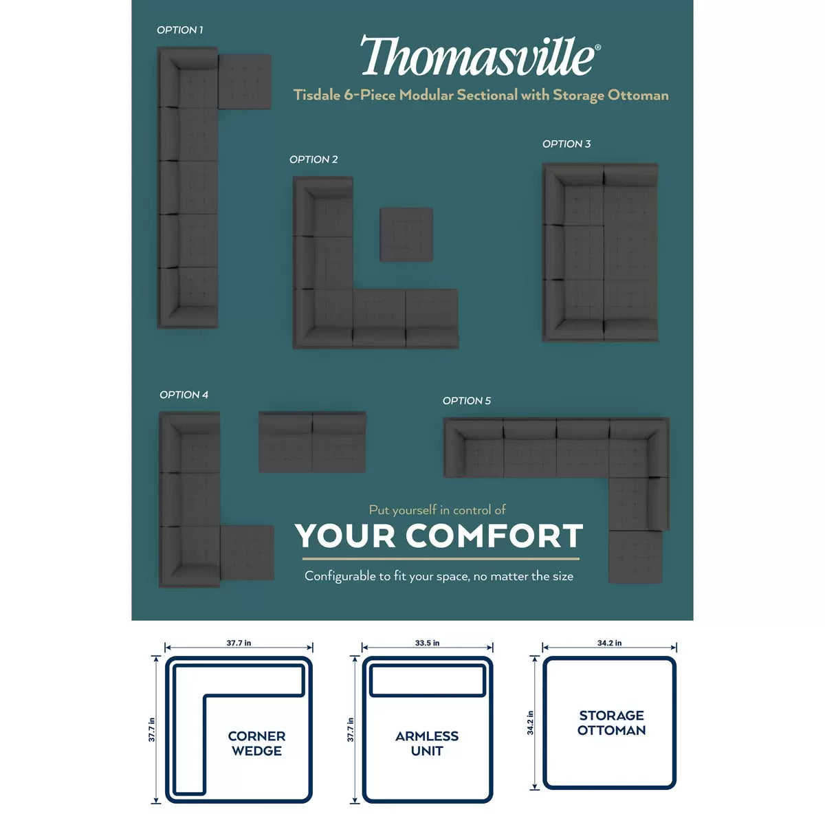 Thomasville Tisdale Dark Grey 6 Piece Modular Fabric Sofa