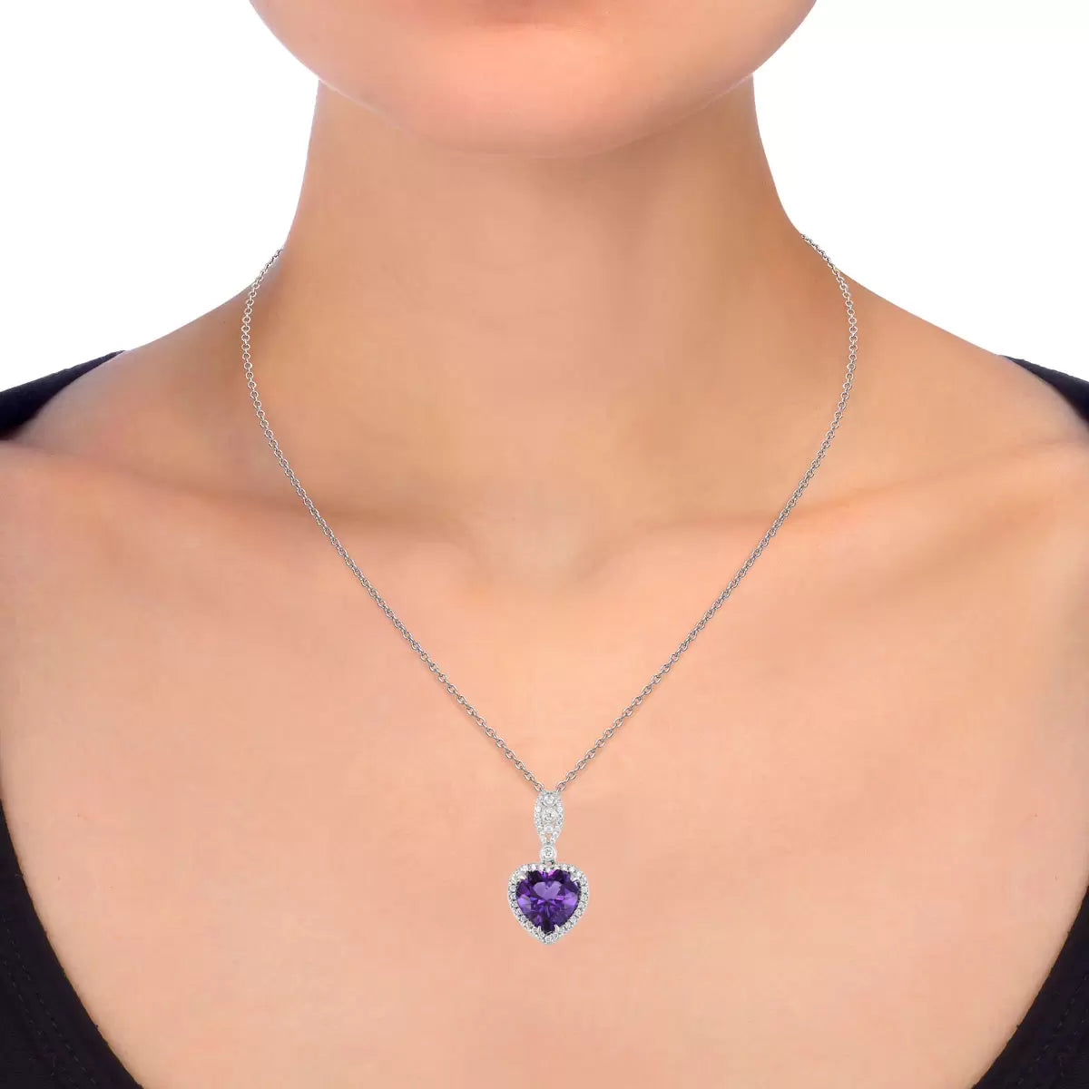 Amethyst & 0.16ctw Diamond Heart Pendant, 14ct White Gold