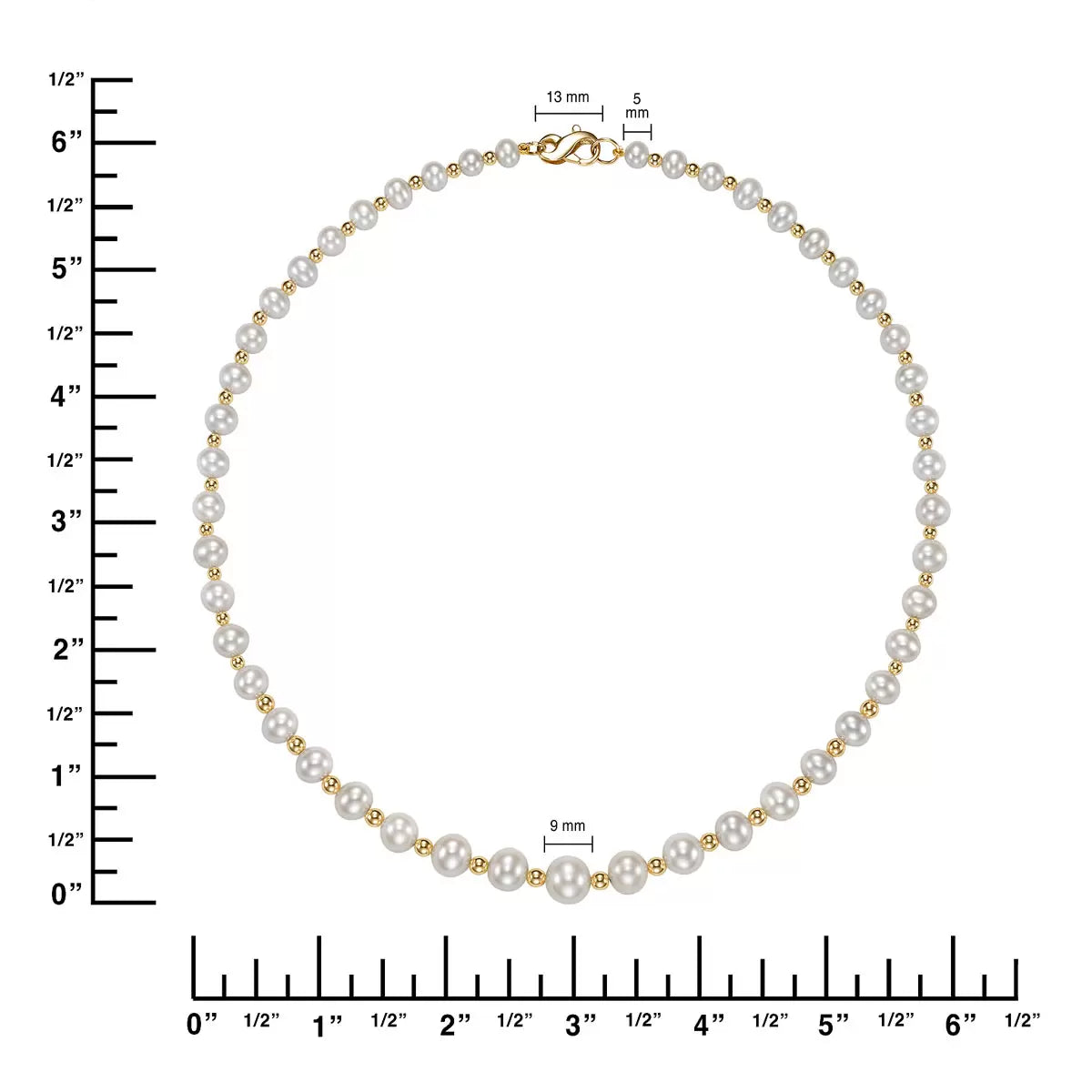 5-9mm Cultured Freshwater Pearl and Gold Bead Graduated Necklace, 14ct Yellow