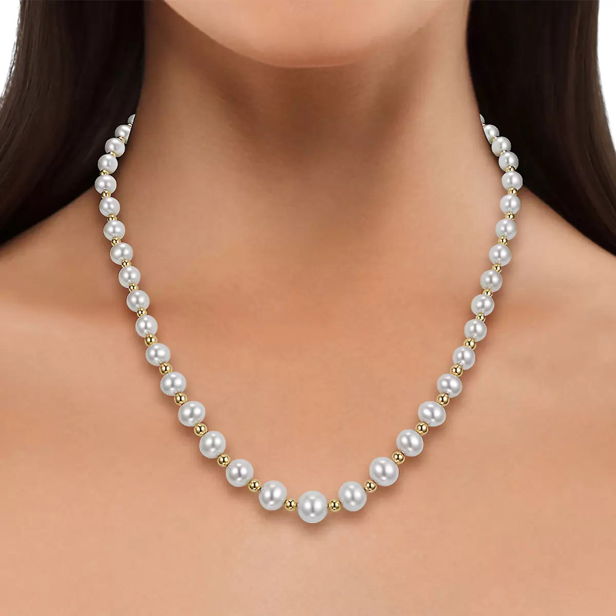 5-9mm Cultured Freshwater Pearl and Gold Bead Graduated Necklace, 14ct Yellow