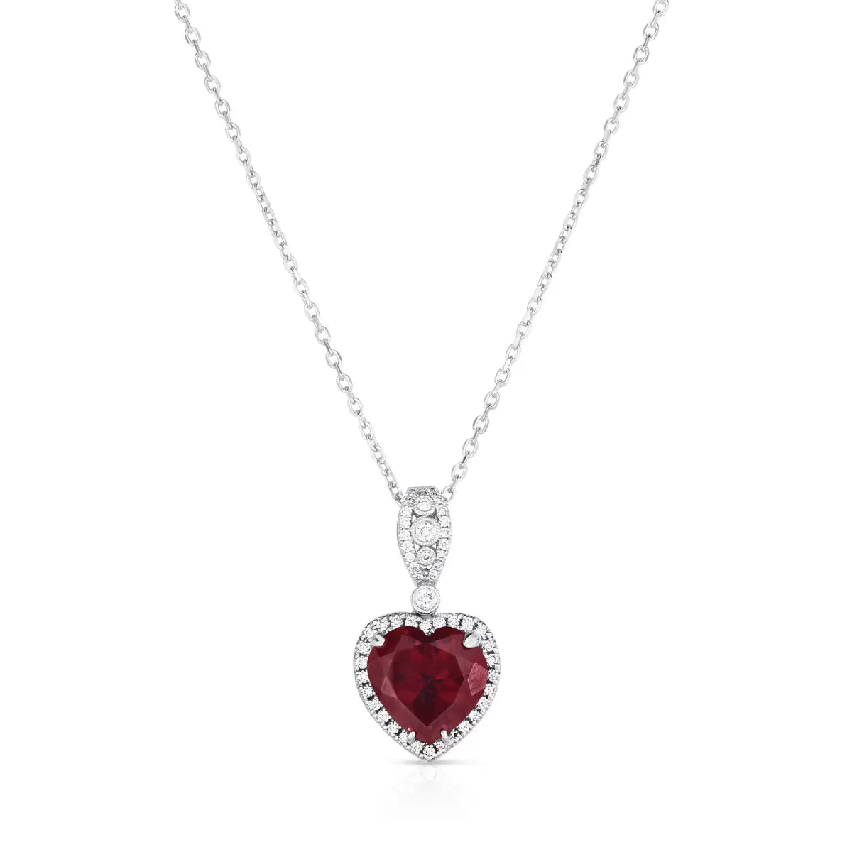 Garnet & 0.16ctw Diamond Heart Pendant, 14ct White Gold