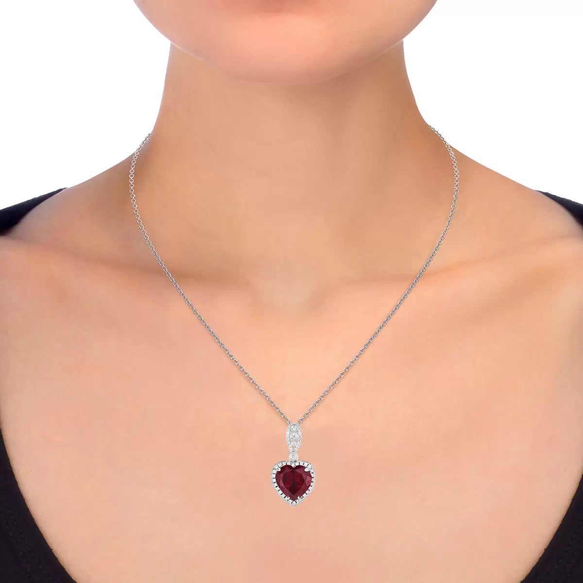 Garnet & 0.16ctw Diamond Heart Pendant, 14ct White Gold