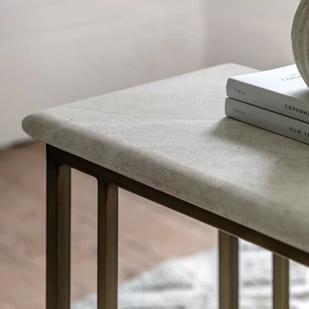 Gallery Moderna White Faux Travertine Sofa Table