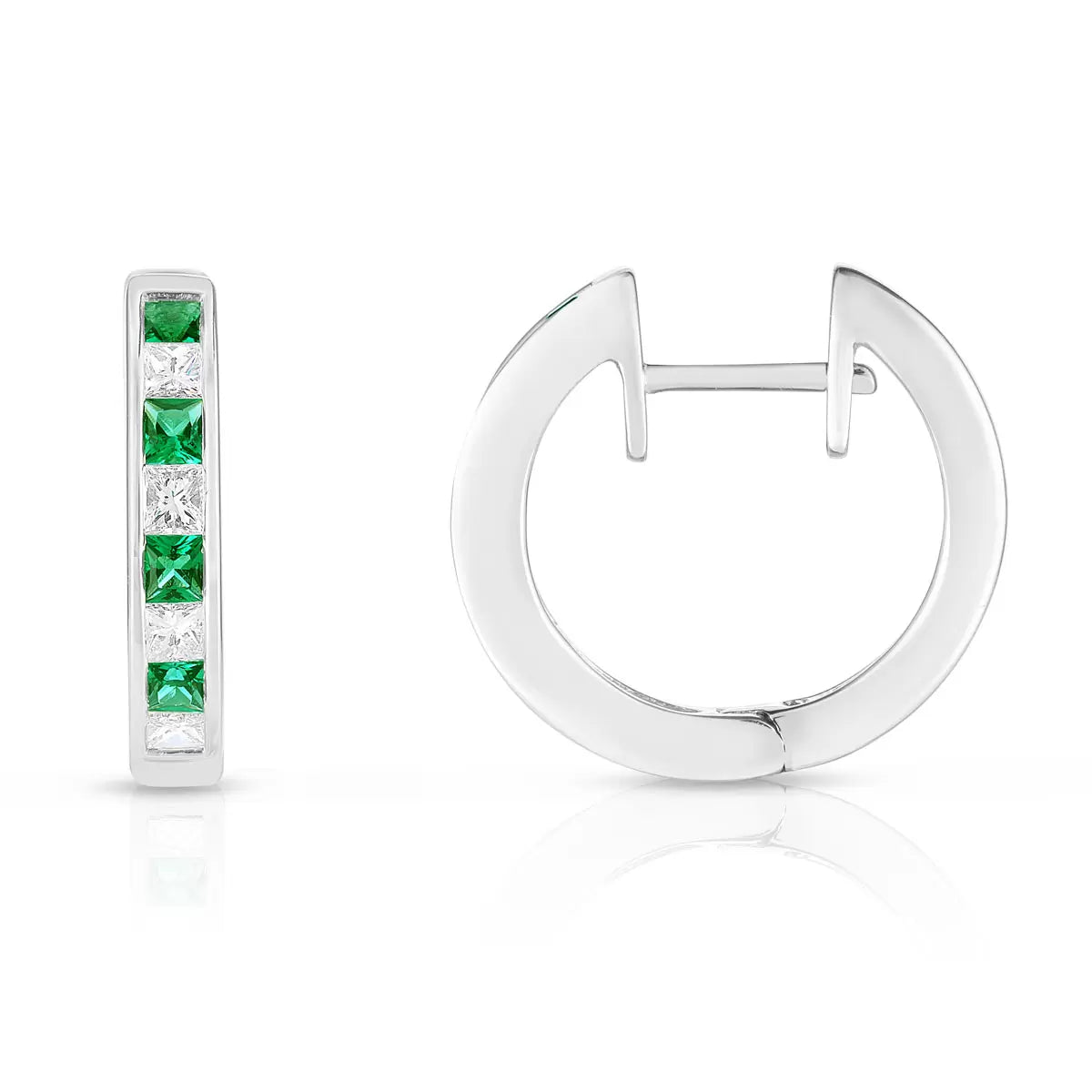 Princess Cut Lab Emerald & 0.33ctw Diamond Hoop Earrings, 14ct White Gold