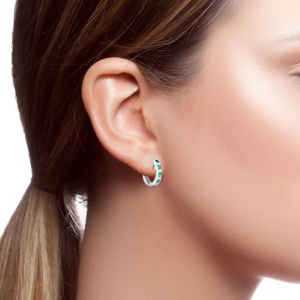 Princess Cut Lab Emerald & 0.33ctw Diamond Hoop Earrings, 14ct White Gold