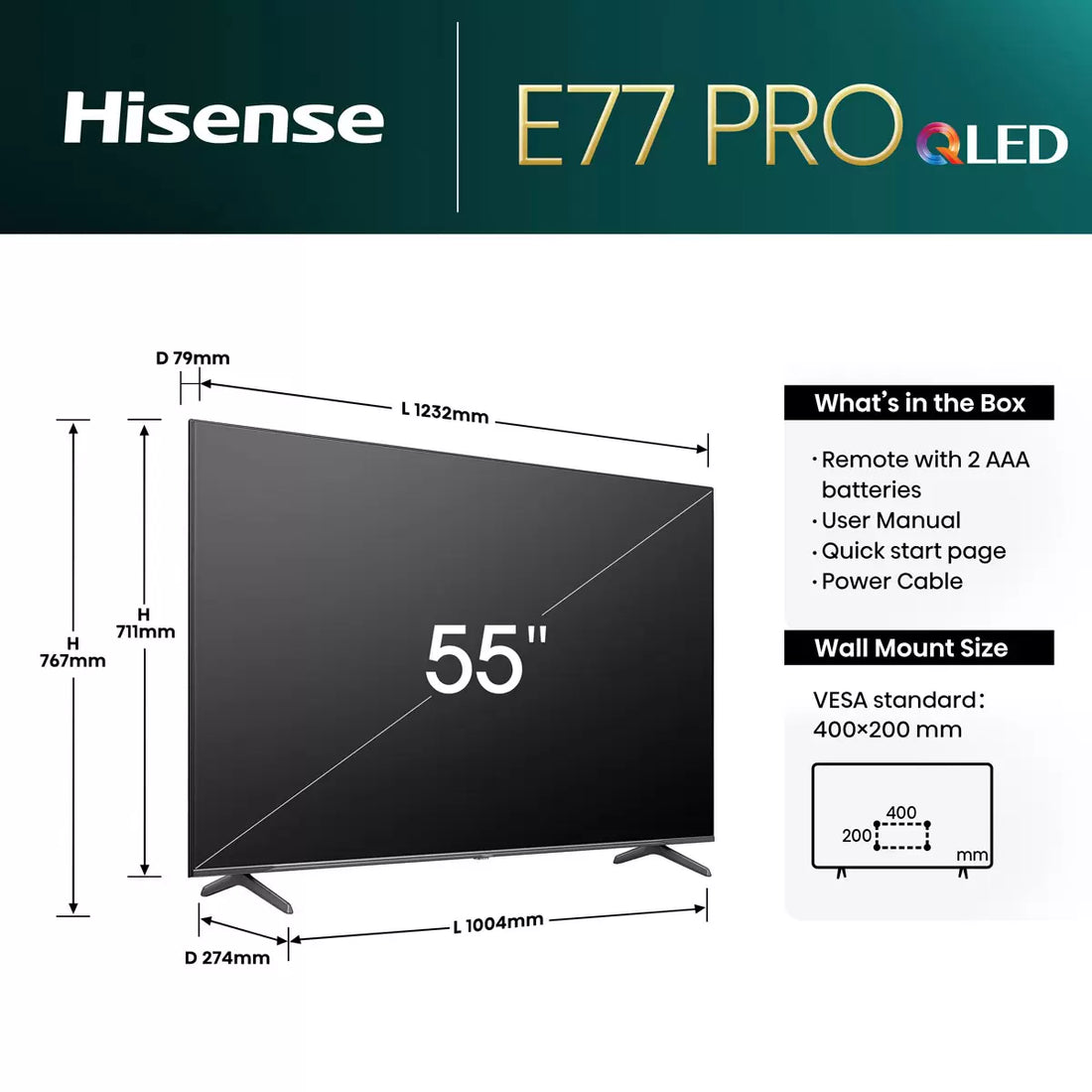 Hisense 55E77NQTUK PRO 55 Inch QLED 144Hz Freely Smart TV