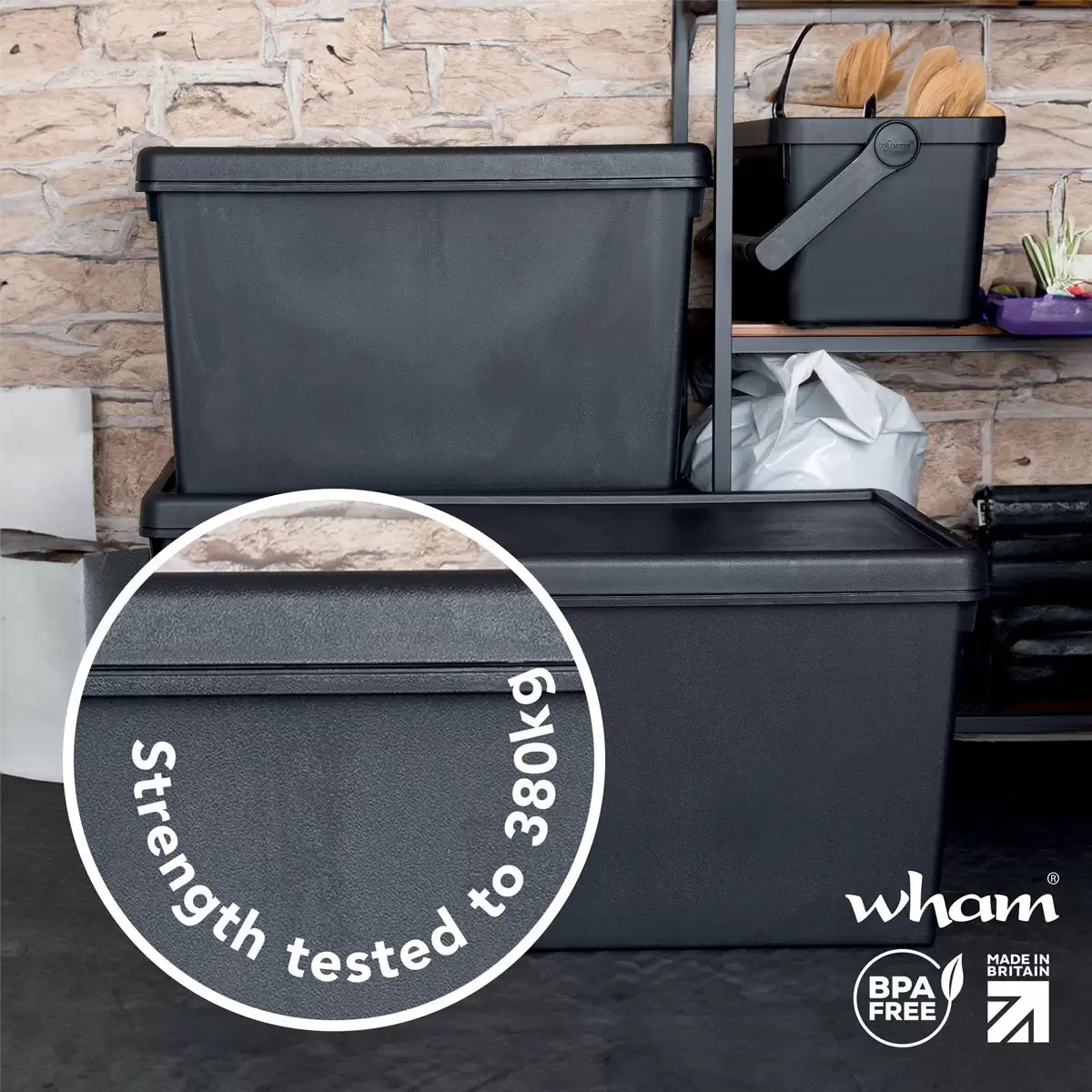 Wham Bam 62 Litre Recycled Heavy Duty Plastic Storage Box & Lid in Black