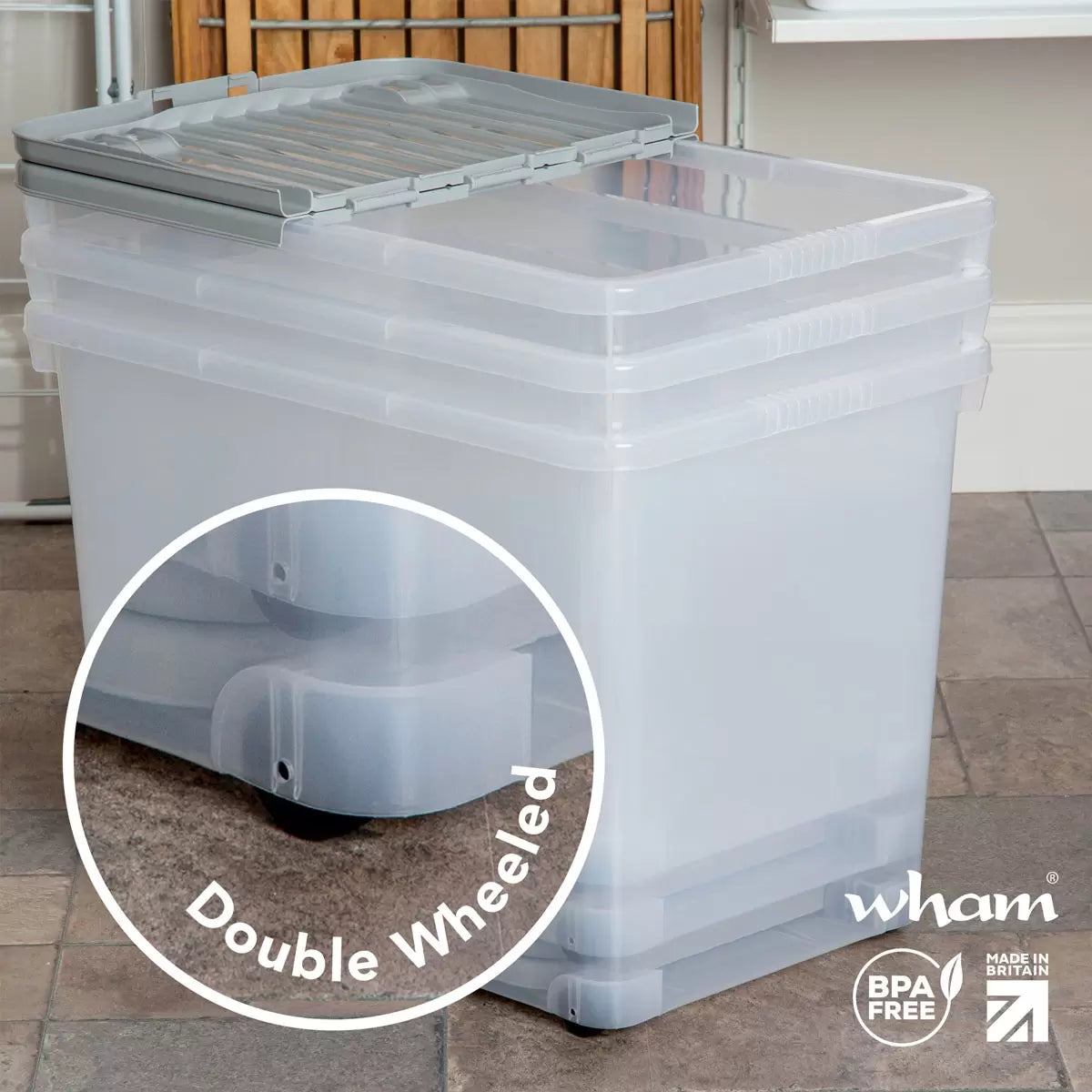 Wham 80 Litre Clear/Cool Grey Box with Wheels & Folding Lid