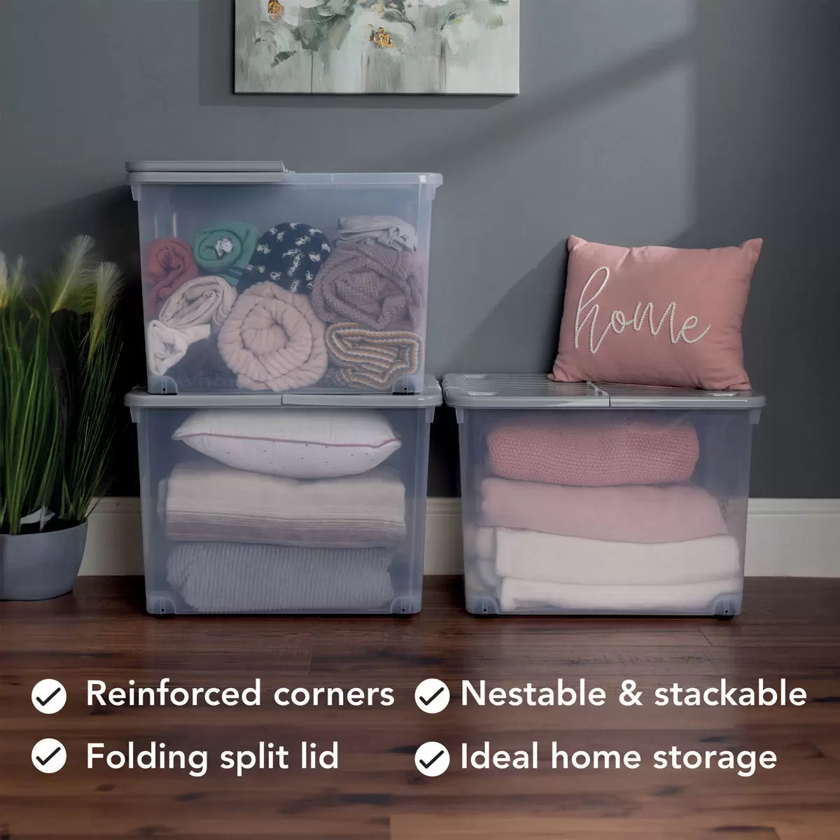 Wham 80 Litre Clear/Cool Grey Box with Wheels & Folding Lid