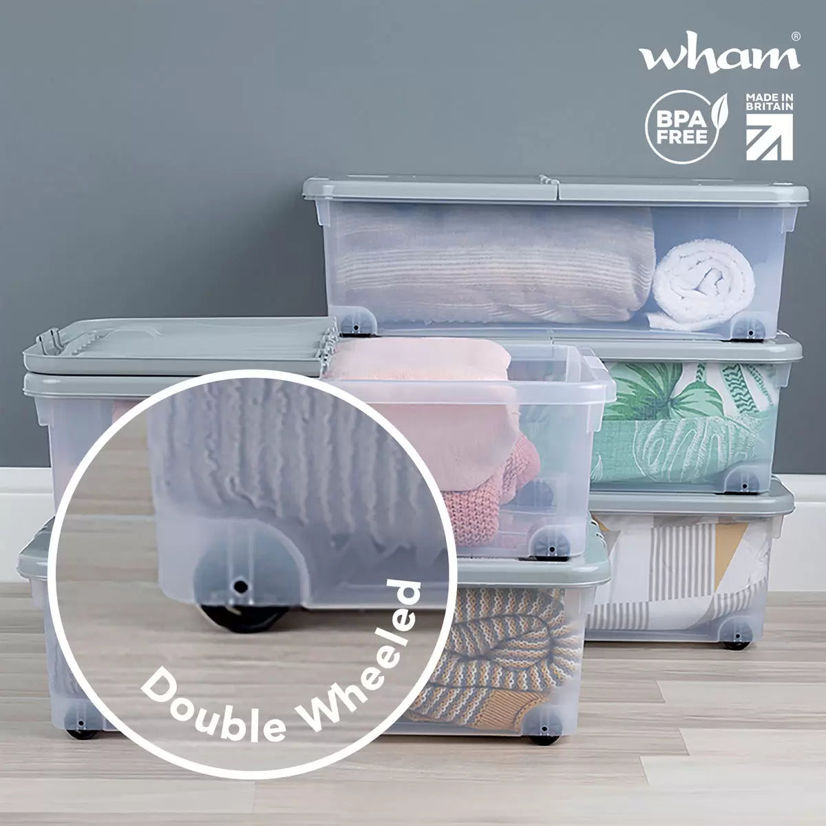 Wham 32 Litre Clear/Cool Grey Box with Wheels & Folding Lid