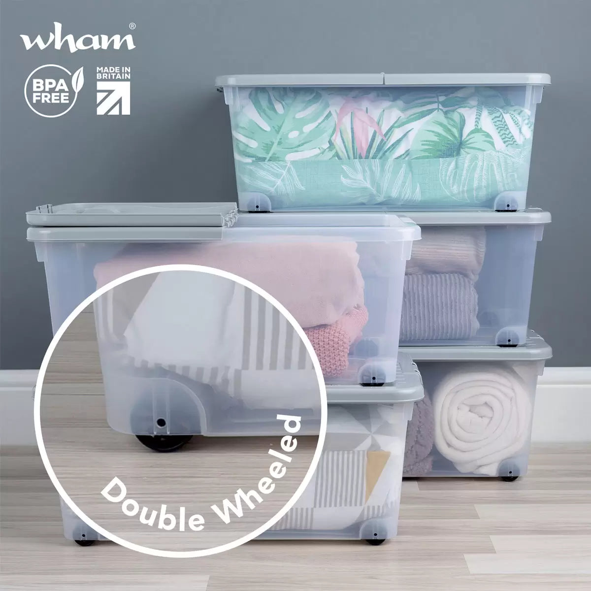 Wham 45 Litre Clear/Cool Grey Box with Wheels & Folding Lid