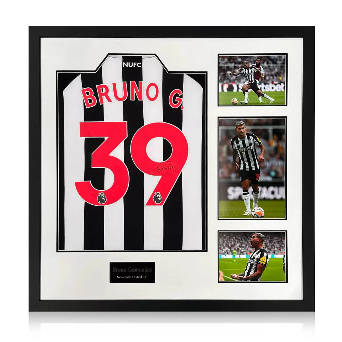 Bruno Guimarães Signed Framed NUFC 23/24 Football Shirt, including 3 Photos