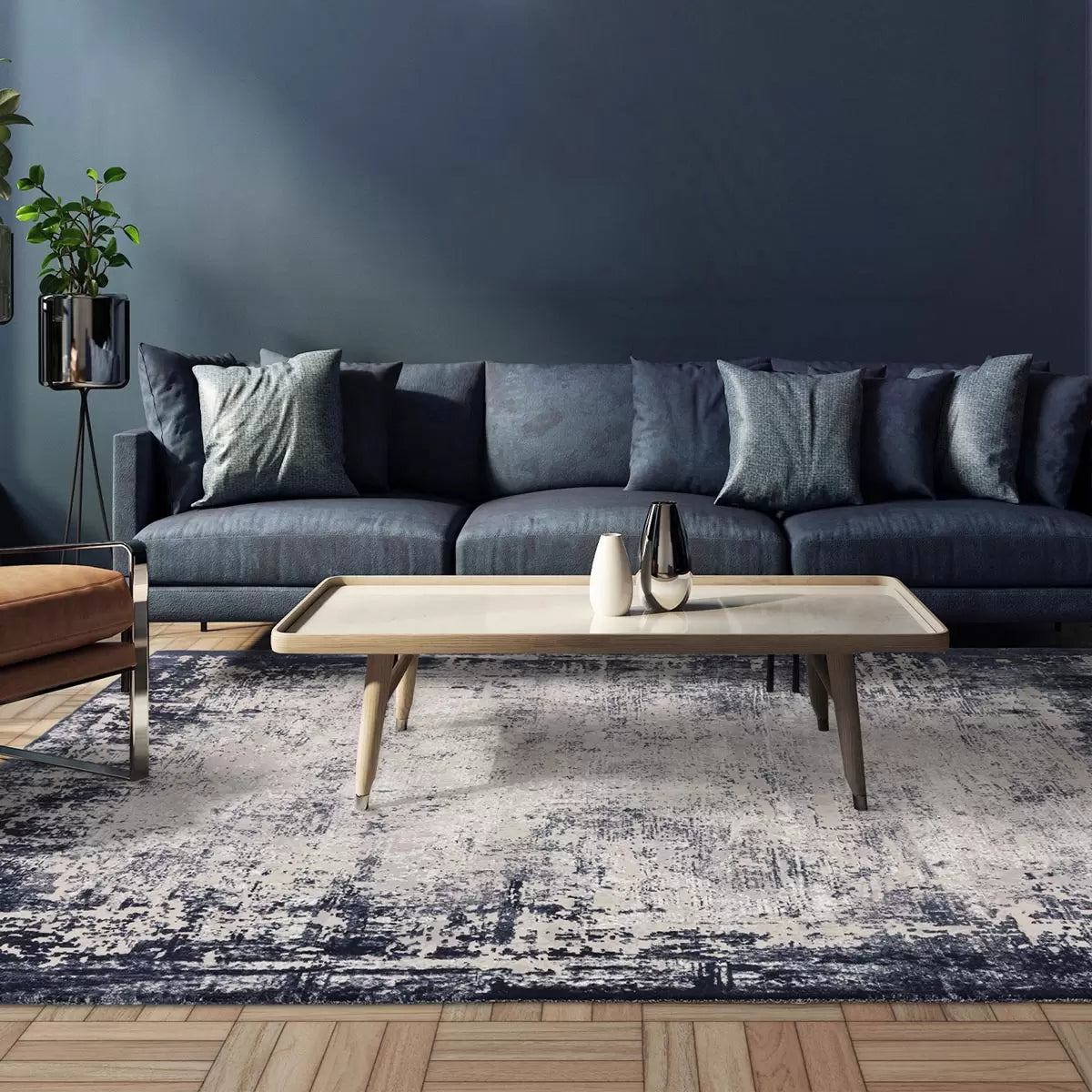 Kuza Border Navy Rug, in 2 Sizes