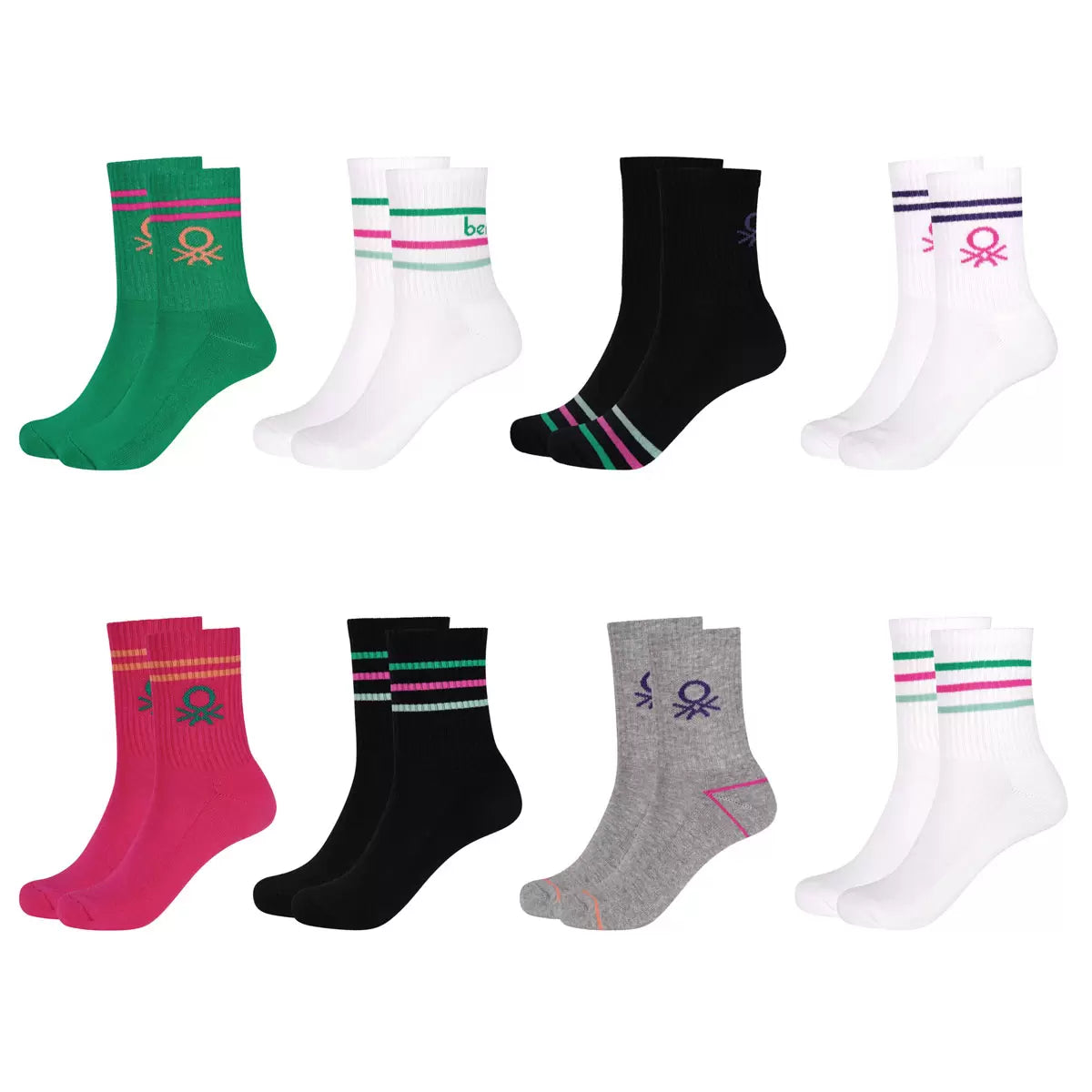 United Colors of Benetton Ladies Sport Crew Sock, 8 Pack