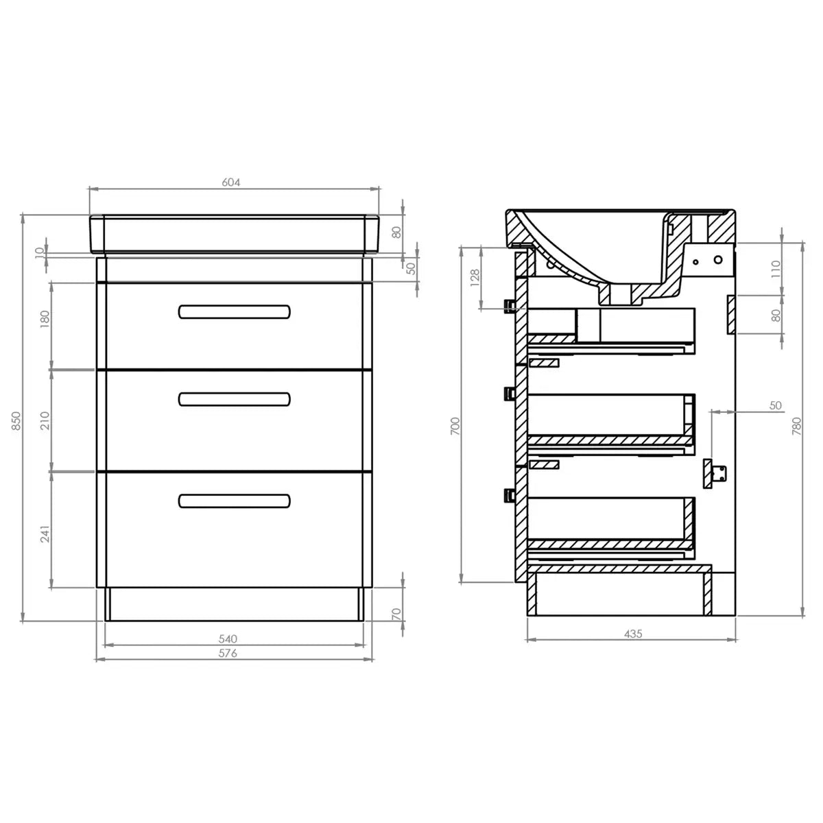 Tavistock Curve 60.0 cm 3 Drawer Floor Mounted Vanity Unit