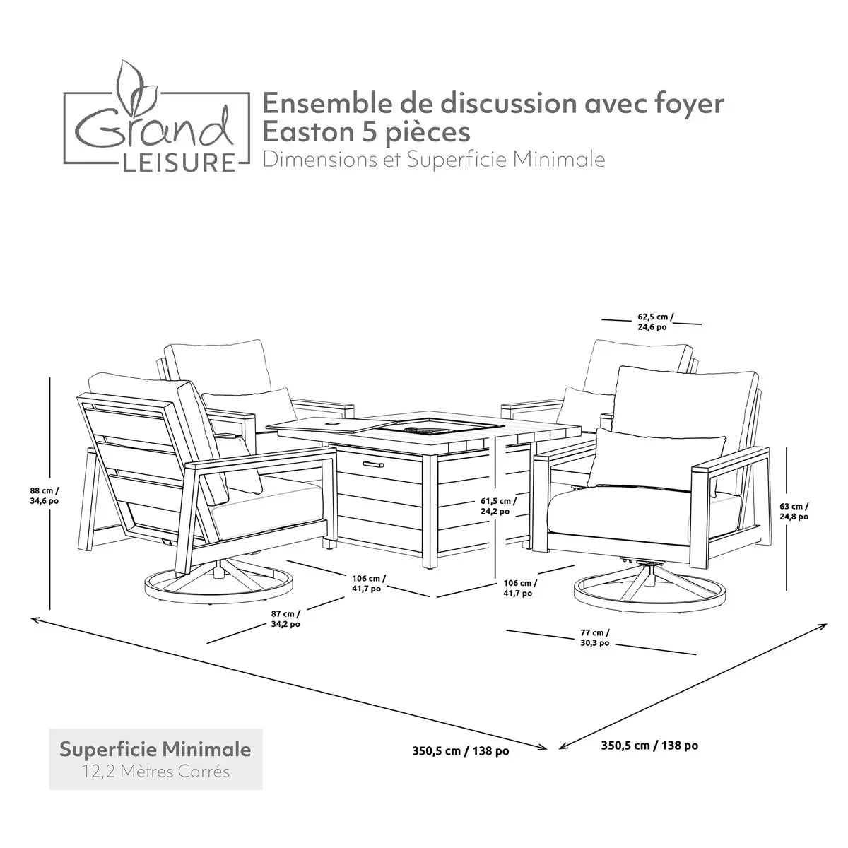 Grand Leisure Easton 5 Piece Deep Seating Fire Patio Set + Cover