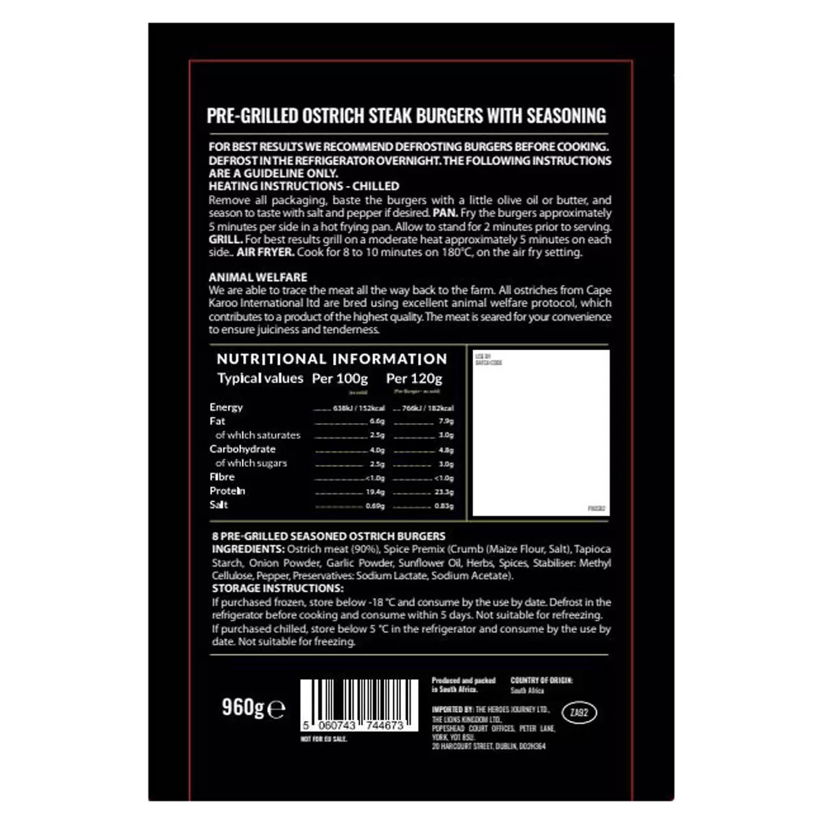 The Lions Kingdom Ostrich Burgers, 4 x 8 x 120g