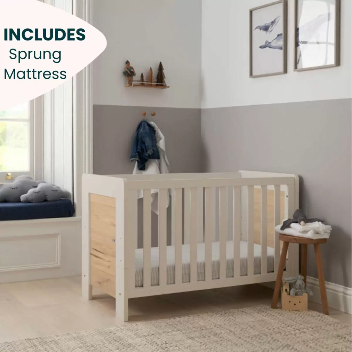 Tutti Bambini Alba Mini Cot Bed with Sprung Mattress, White Sand & Distressed