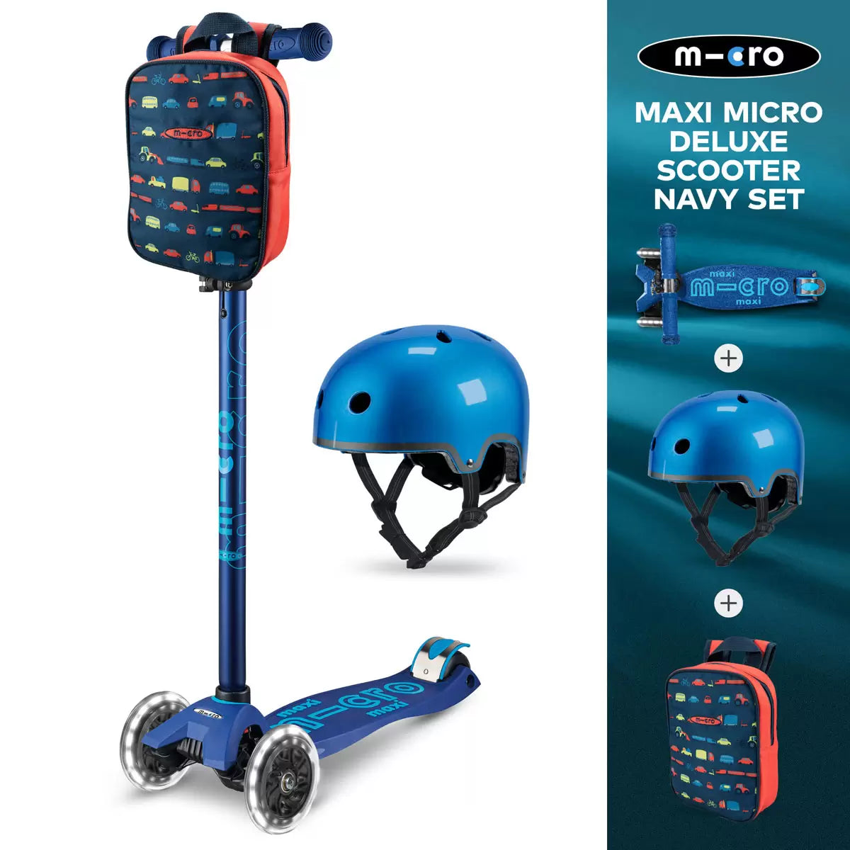 Micro Maxi Deluxe LED Navy Scooter with Blue Helmet and Vehicle Lunch Bag (5+