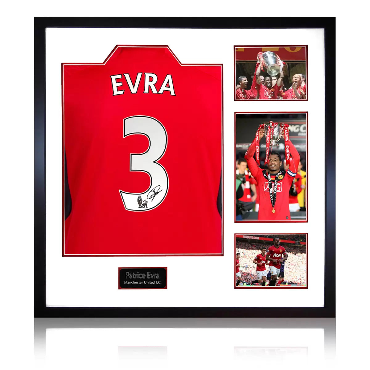 Patrice Evra Signed Framed MUFC Home Football Shirt, including 3 Photos