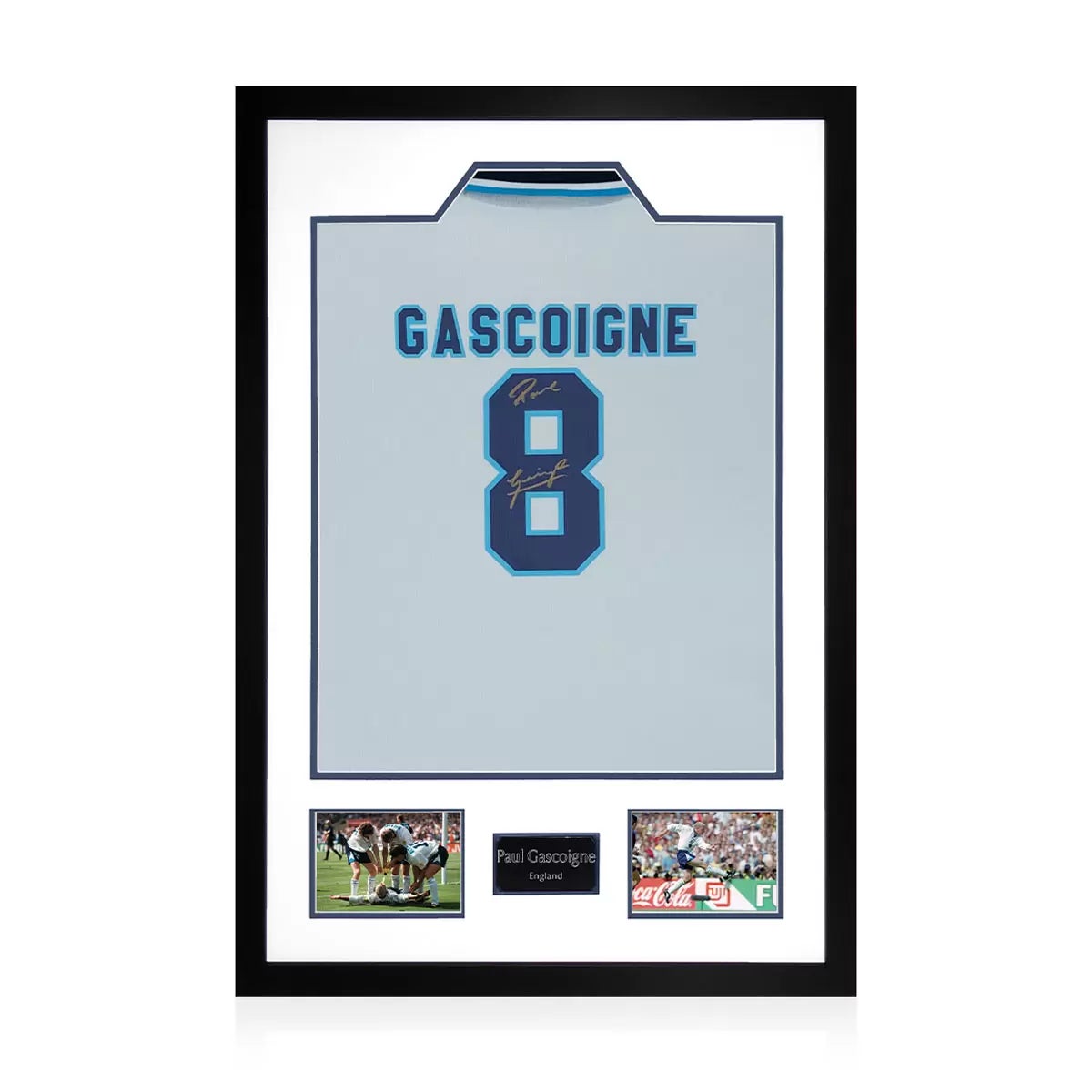 Paul Gascoigne Signed Framed England Football Shirt, including 2 Photos