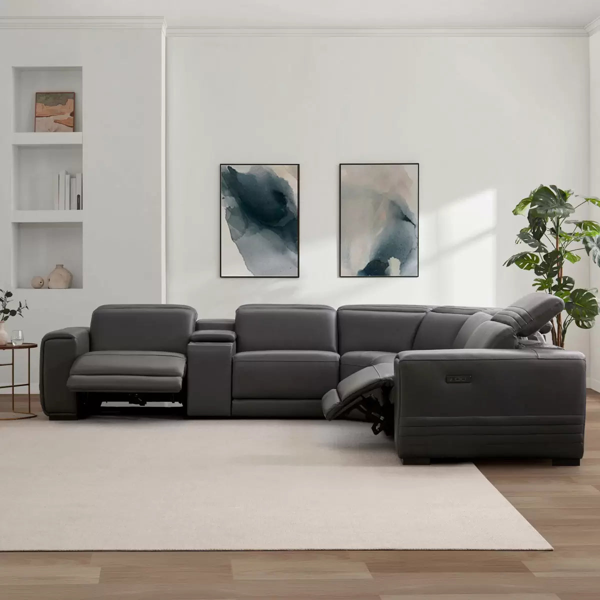 Aiden & Ivy Karson Dark Grey Leather Power Reclining Sectional Sofa