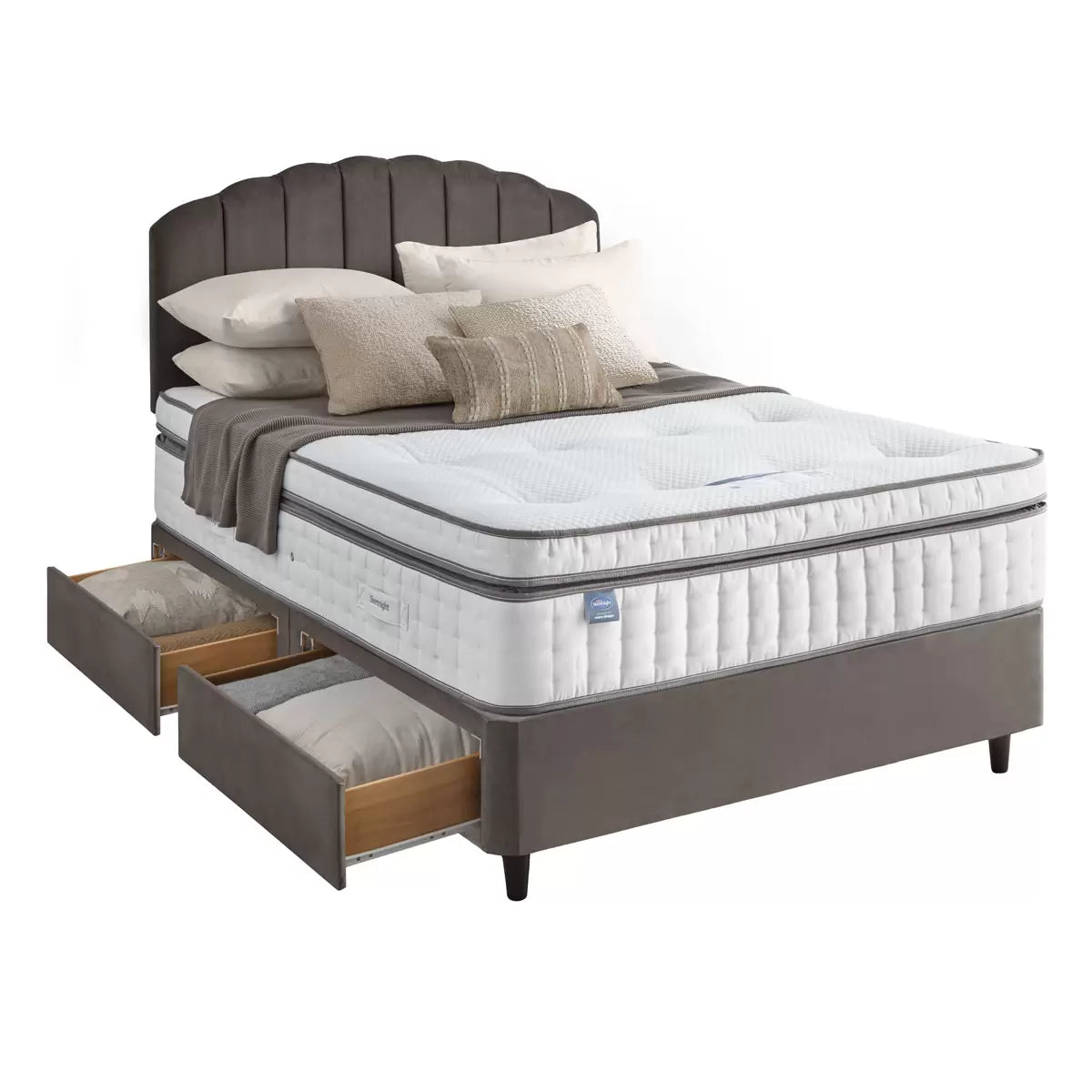 Silentnight Velvet 4 Drawer Divan Base with Merlin Headboard & 3