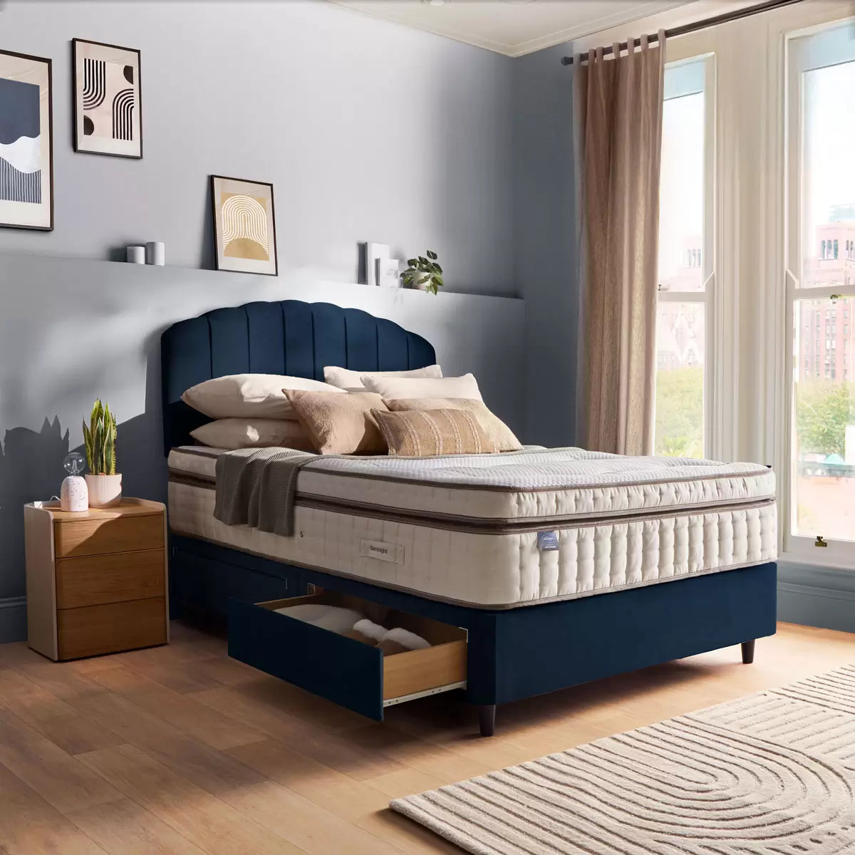 Silentnight Velvet 4 Drawer Divan Base with Merlin Headboard & 3