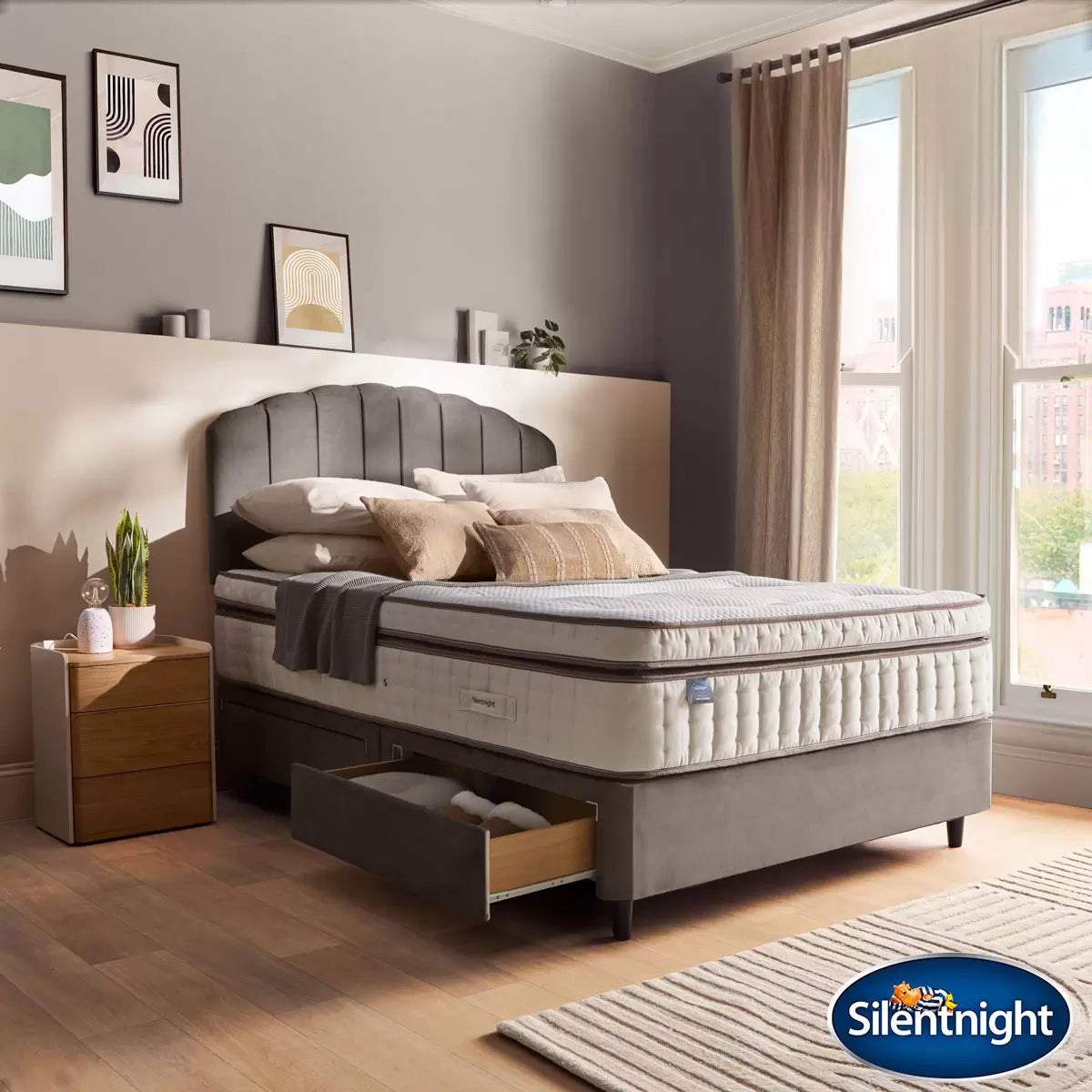 Silentnight Velvet 4 Drawer Divan Base with Merlin Headboard & 3