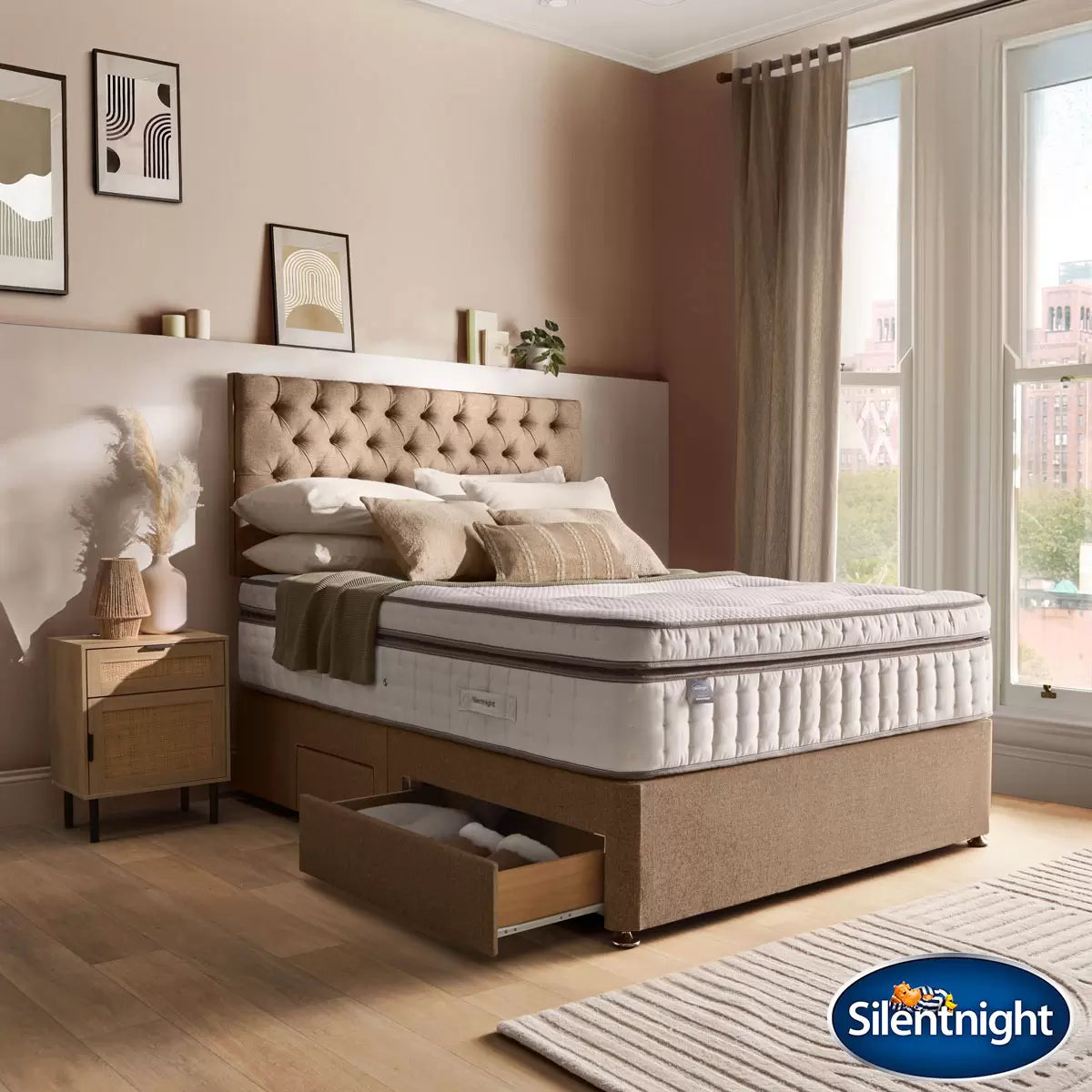 Silentnight Continental Divan Base with Eden Headboard in Wheat in 3 Sizes