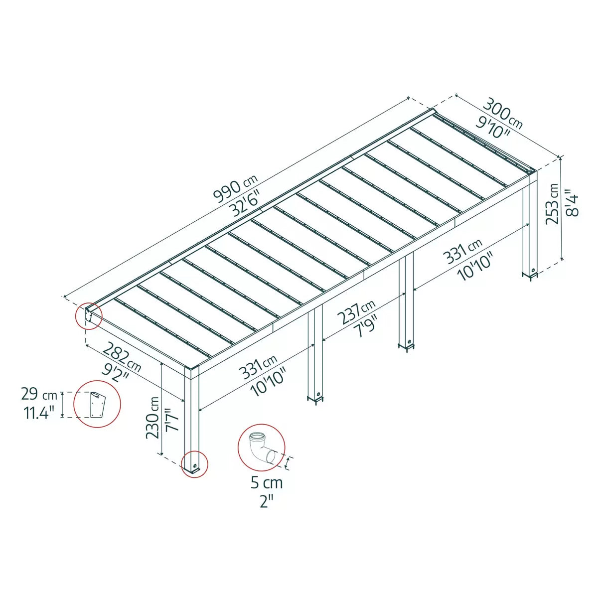 Palram Canopia Helsinki 9ft 10" x 32ft 6" (3m x 9.9m) Cedar Wood Patio Cover