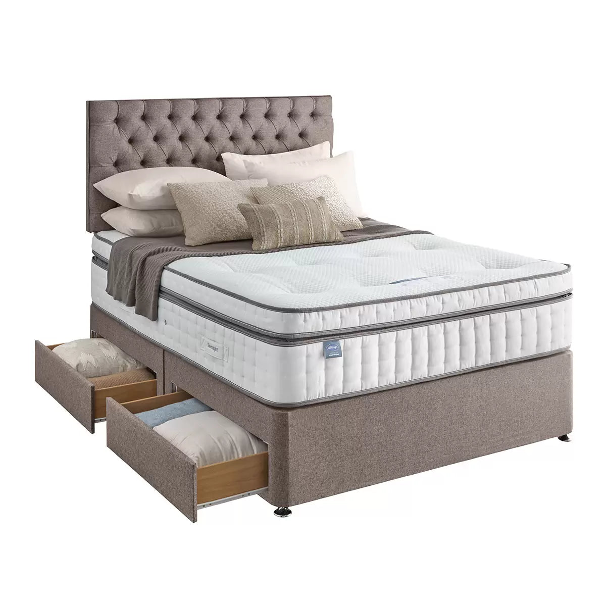 Silentnight 4 Drawer Divan Base with Eden Headboard in Pebble & 3