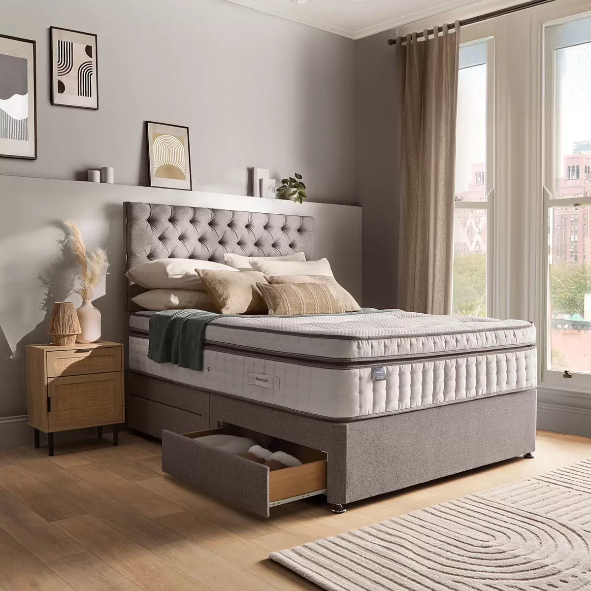 Silentnight 4 Drawer Divan Base with Eden Headboard in Pebble & 3