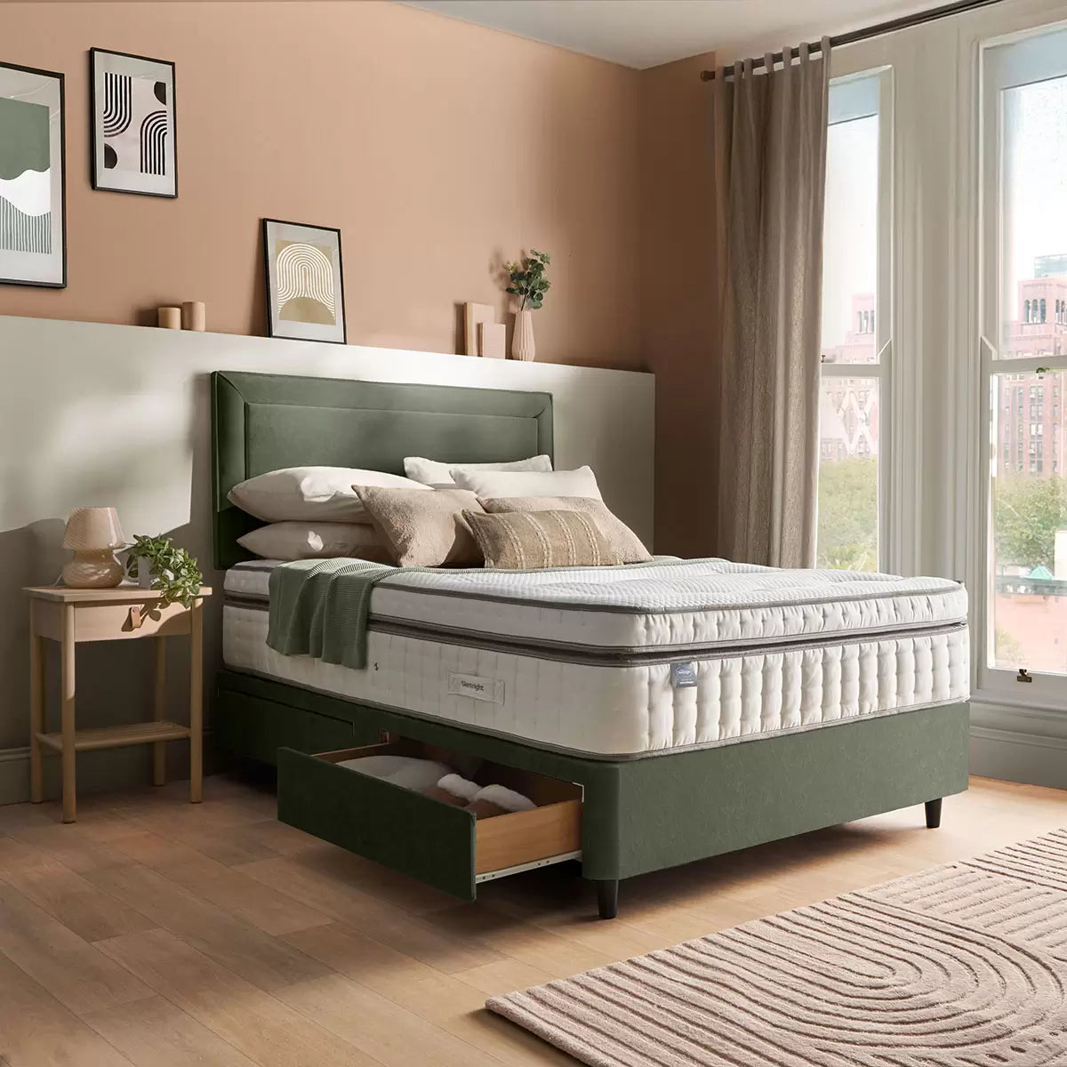 Silentnight Velvet 4 Drawer Divan Base with Malvern Headboard in Hunter in 3 Sizes