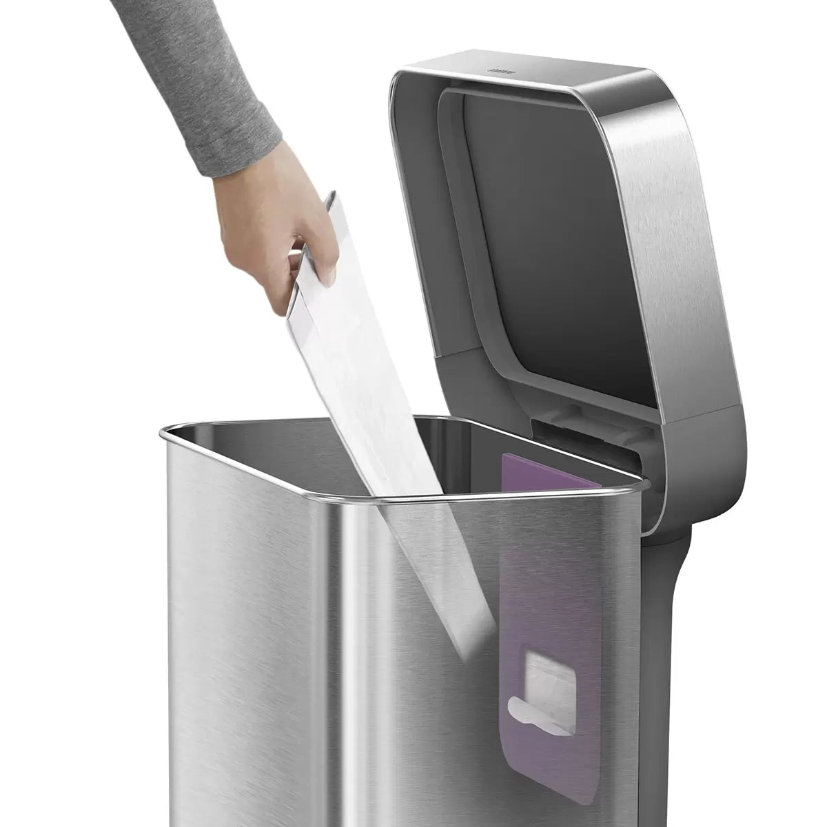 simplehuman Rectangular Step Can Bin 55L in Brushed Stainless Steel with Grey