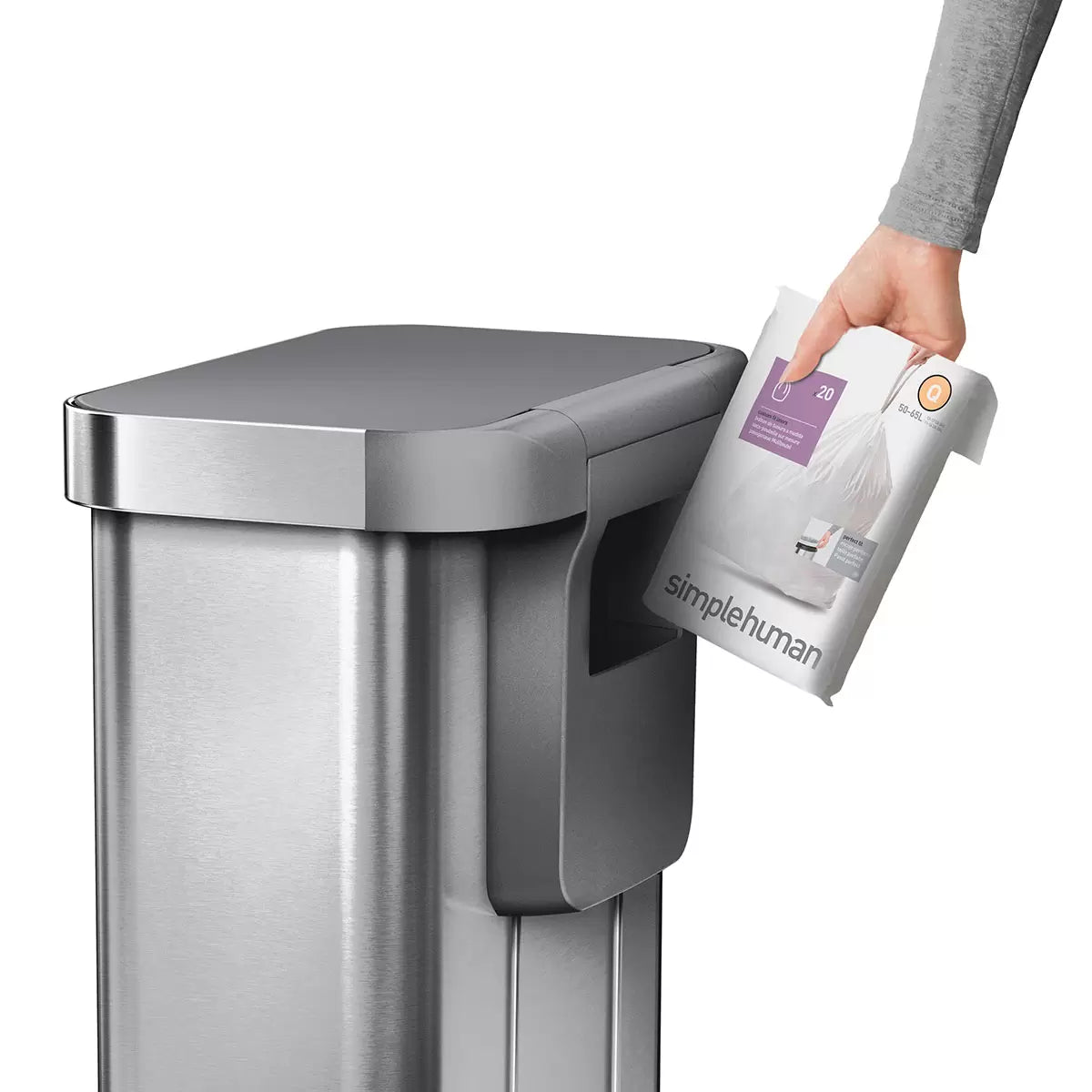 simplehuman Rectangular Step Can Bin 55L in Brushed Stainless Steel with Grey