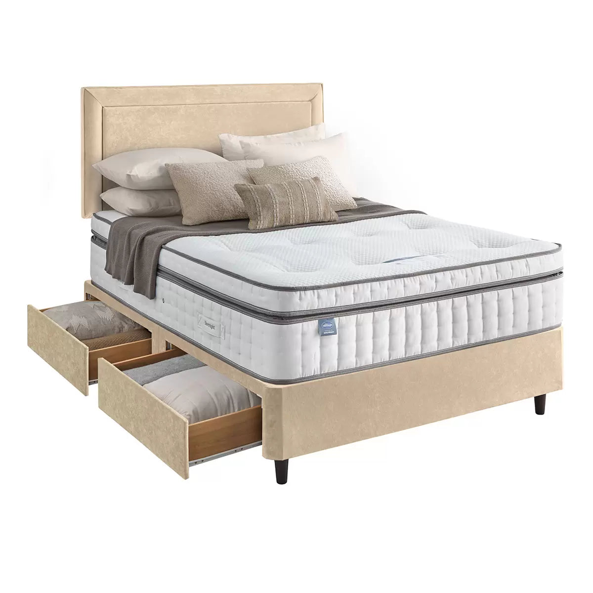 Silentnight Velvet 4 Drawer Divan Base with Malvern Headboard & 3