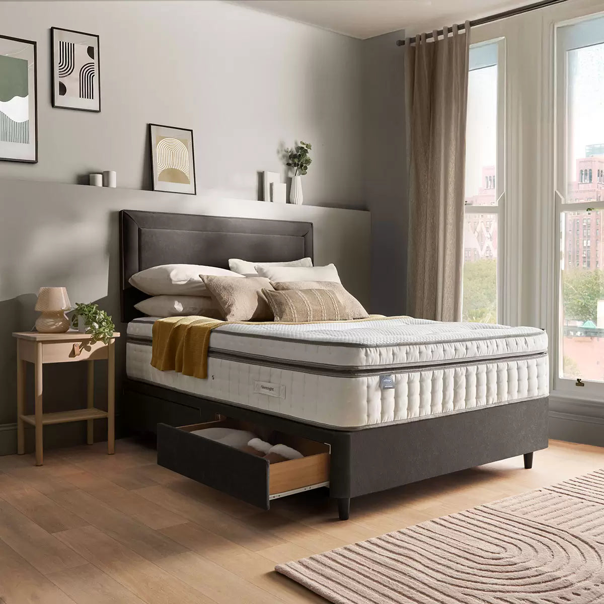 Silentnight Velvet 4 Drawer Divan Base with Malvern Headboard in Umbra in 3 Sizes