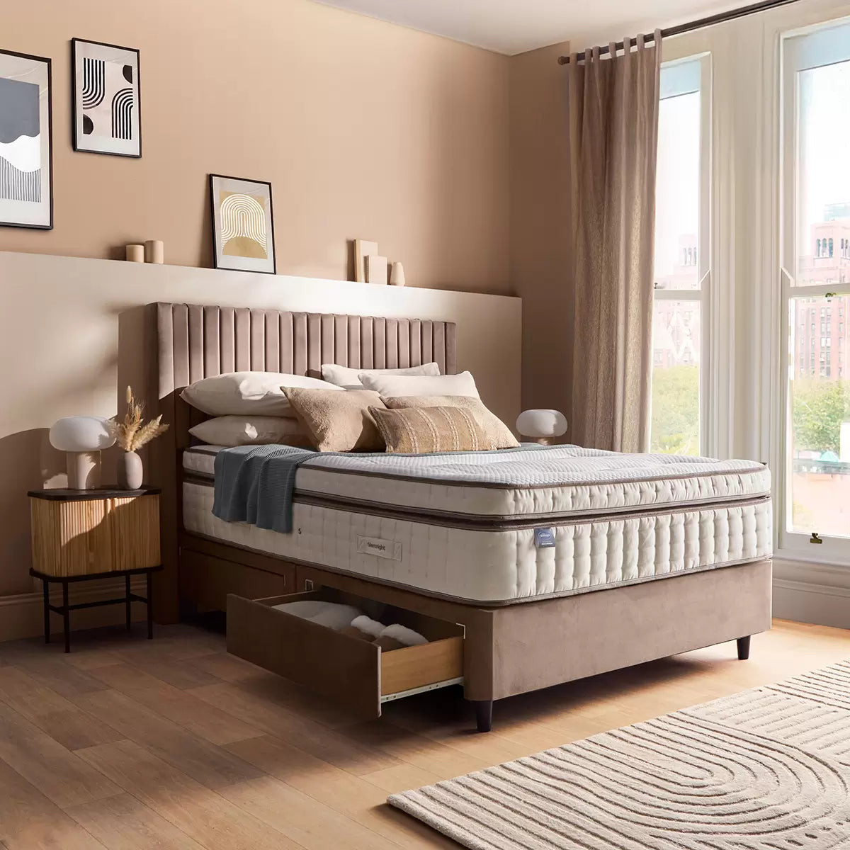 Silentnight Velvet 4 Drawer Divan Base with Slumber Headboard in Mink & 3 Sizes