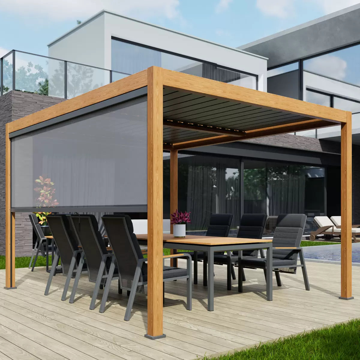 Alvivo 9ft 8" x 13ft 3" (3 x 4m) Wood-Look Louvered Aluminium Pergola Bundle