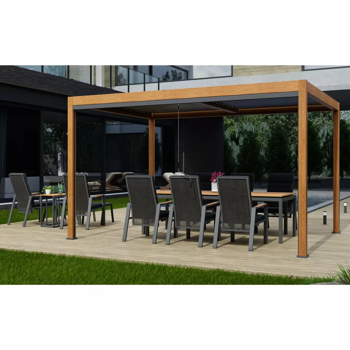 Alvivo 9ft 8" x 13ft 3" (3 x 4m) Wood-Look Louvered Aluminium Pergola Bundle