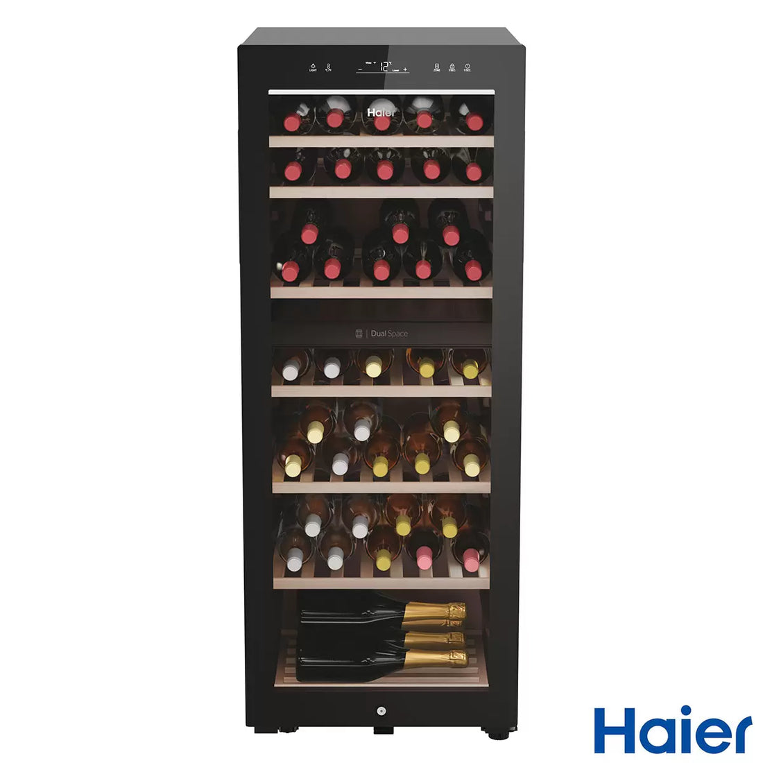 Haier HWS77GDAU1 77 Bottle Dual Zone Wine Cooler, G Rated in Black