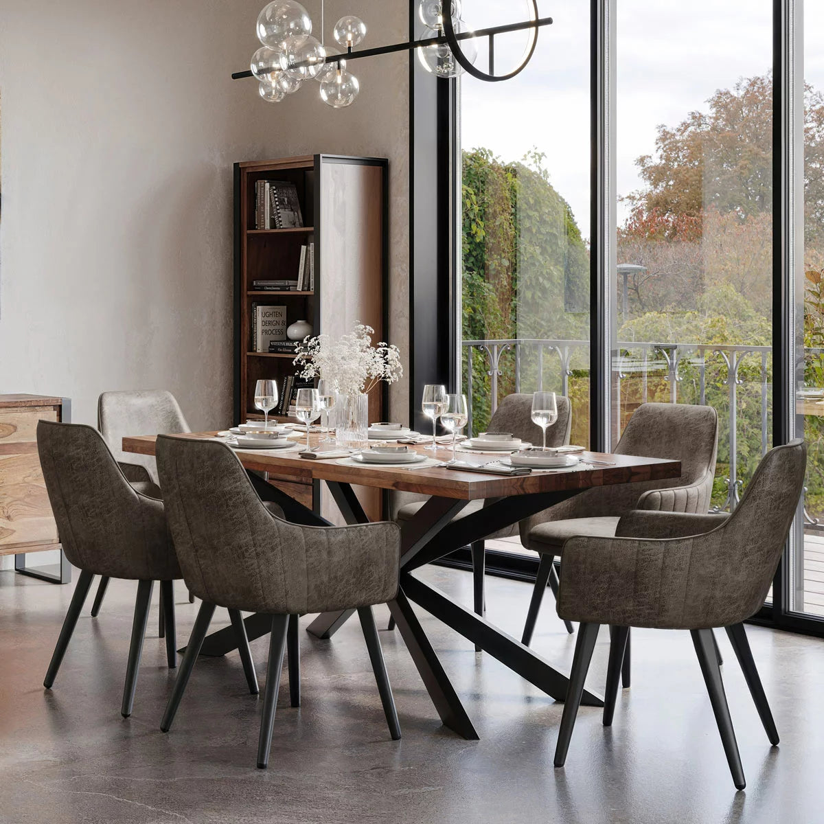 Indus Valley Henley Wooden Dining Table + 6 Grey Chairs