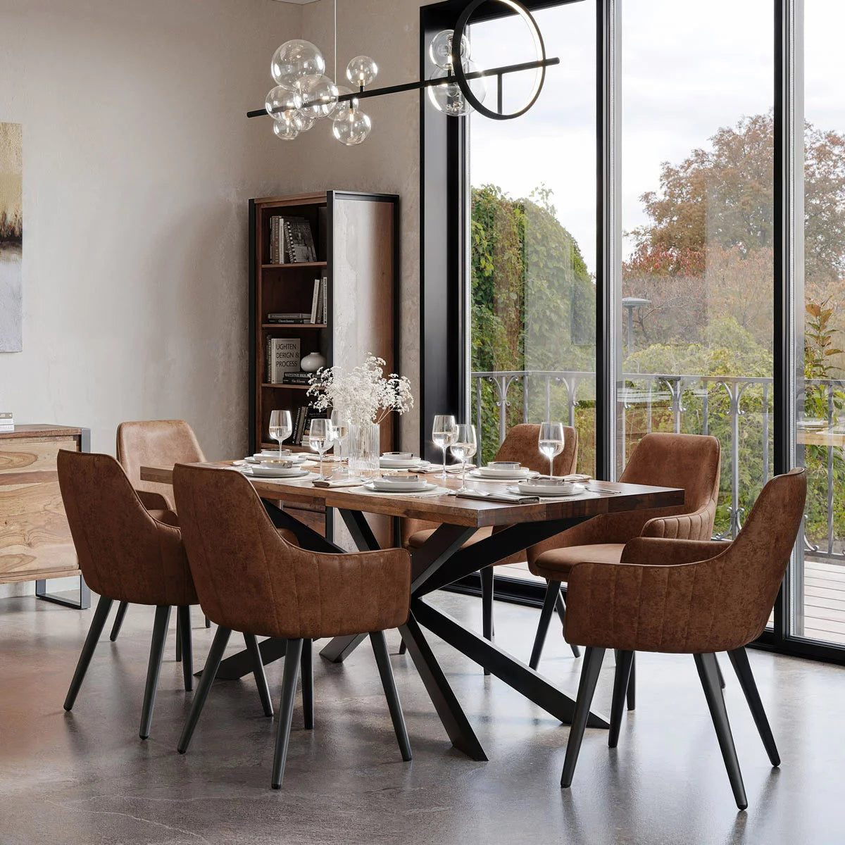 Indus Valley Henley Wooden Dining Table + 6 Brown Chairs