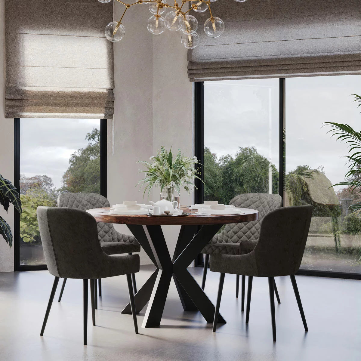 Indus Valley Henley Round Wooden Dining Table + 4 Grey Chairs