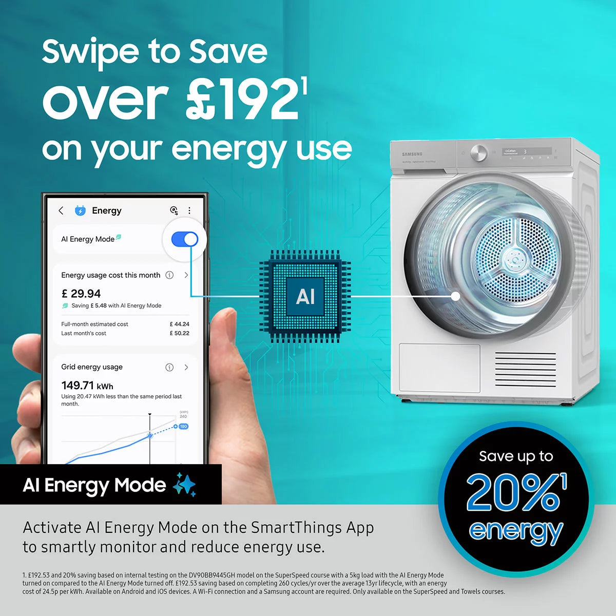 Samsung Series 6 AI Energy DV90T6240LB/S1 9KG Smart Heat Pump Tumble Dryer, A+++