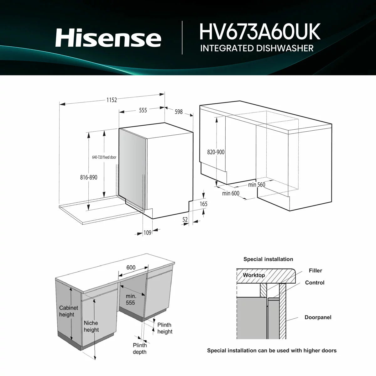 Hisense HV673A60UK Full-Size Fully Integrated Wi-Fi Enabled Dishwasher