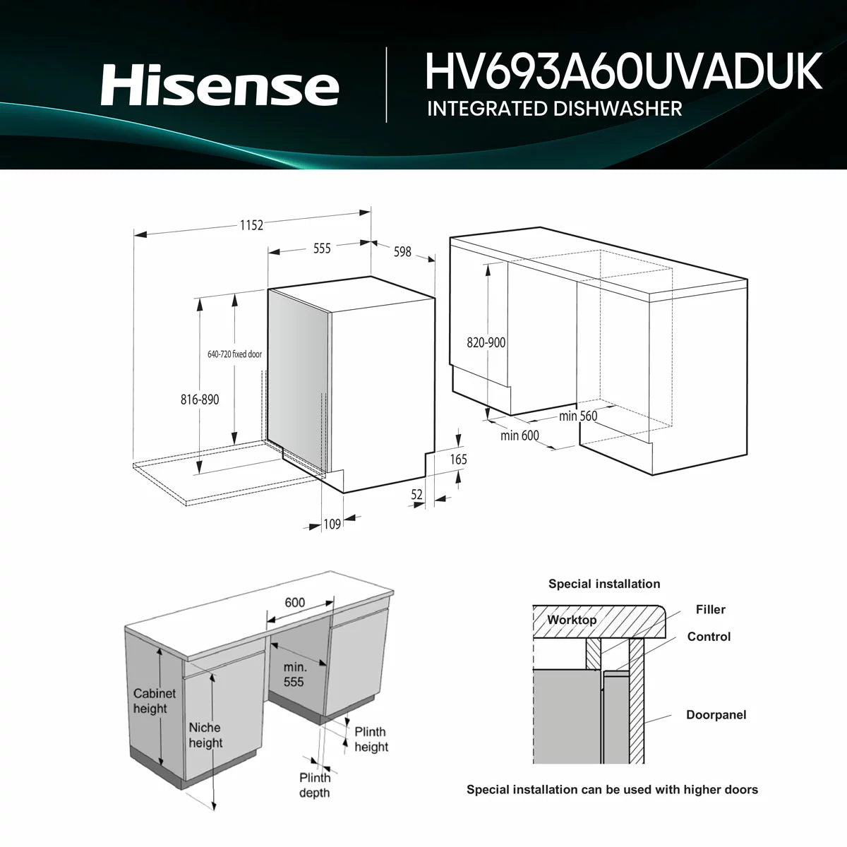 Hisense HV693A60UVADUK UV Clean Full-Size Fully Integrated Dishwasher, A Rated